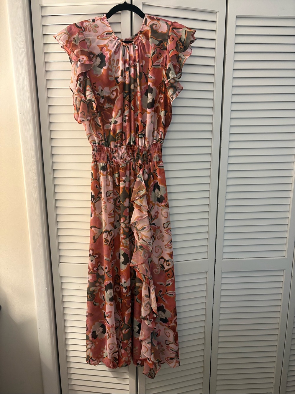 Misa Los Angeles Coral Pink Floral Ruffle Midi Dress